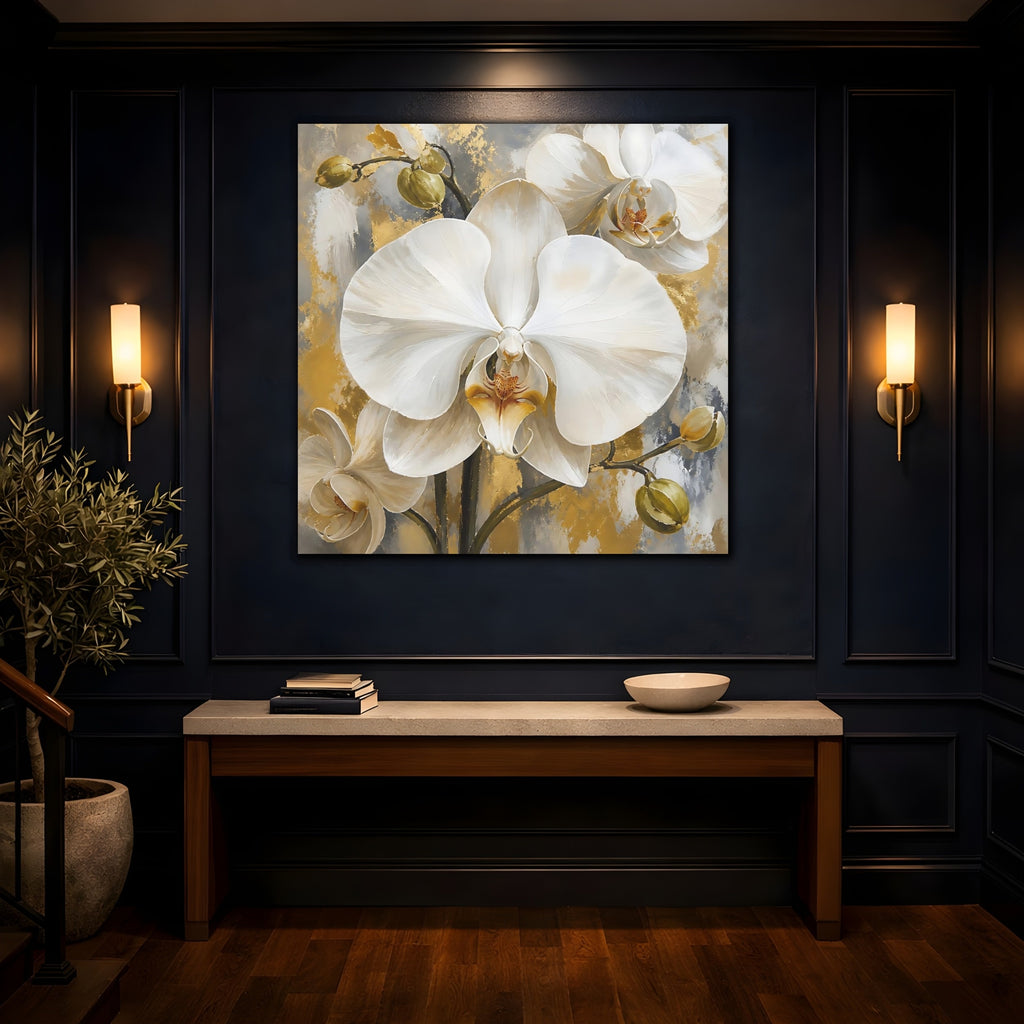 Mockup 4. Floral White Orchids White Gold Orchids shown as stretched canvas wall art