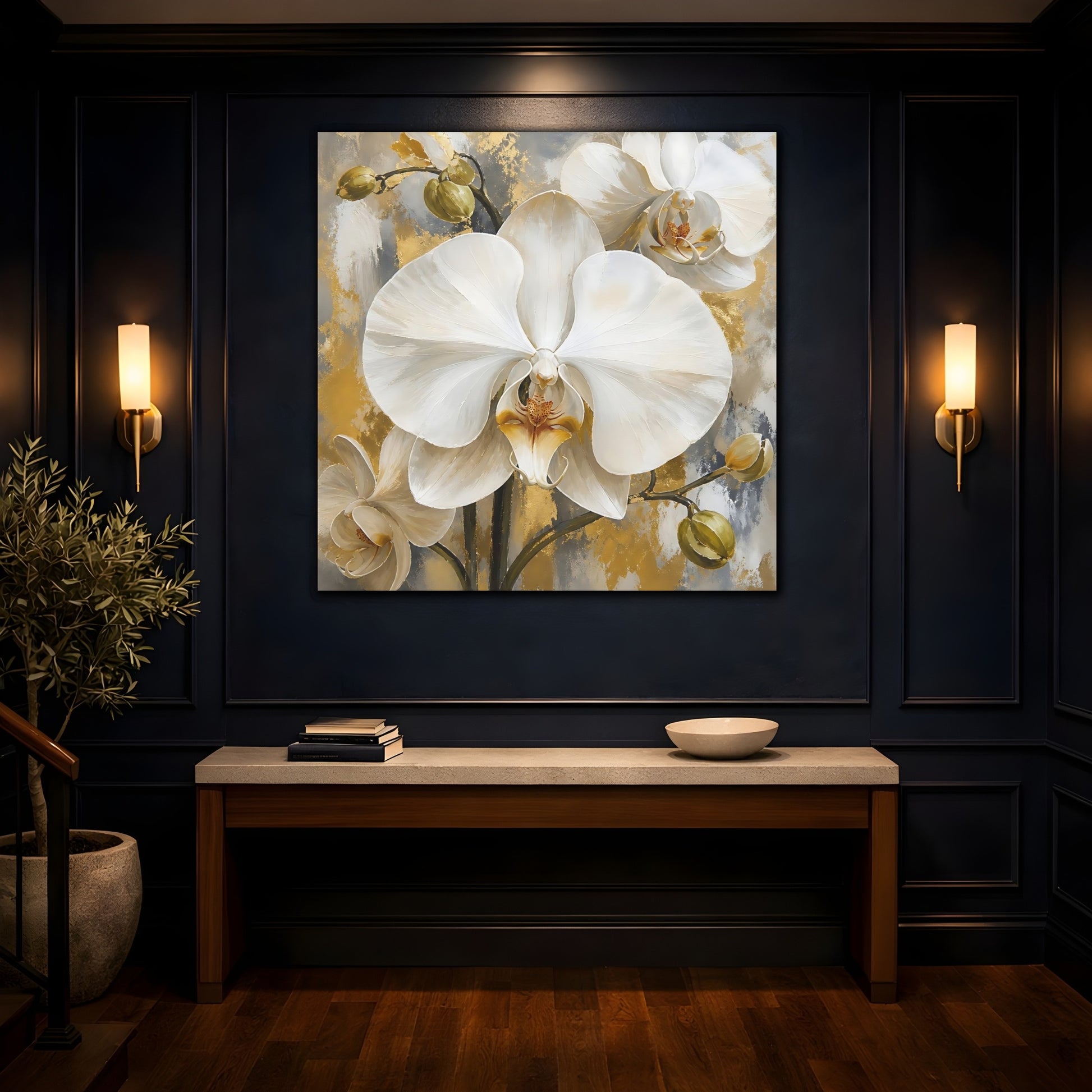 Mockup 4. Floral White Orchids White Gold Orchids shown as stretched canvas wall art