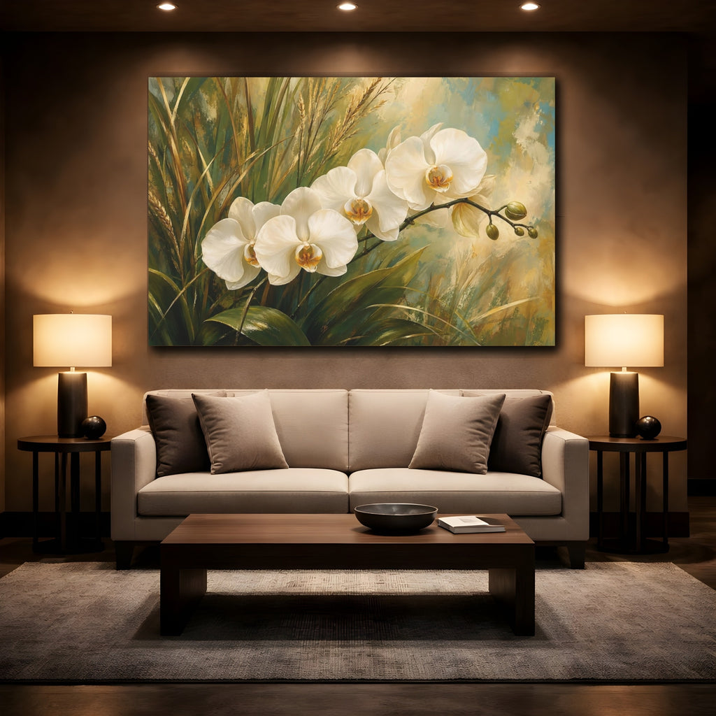 Mockup 2. Floral White Orchids White Orchid Art shown as stretched canvas wall art