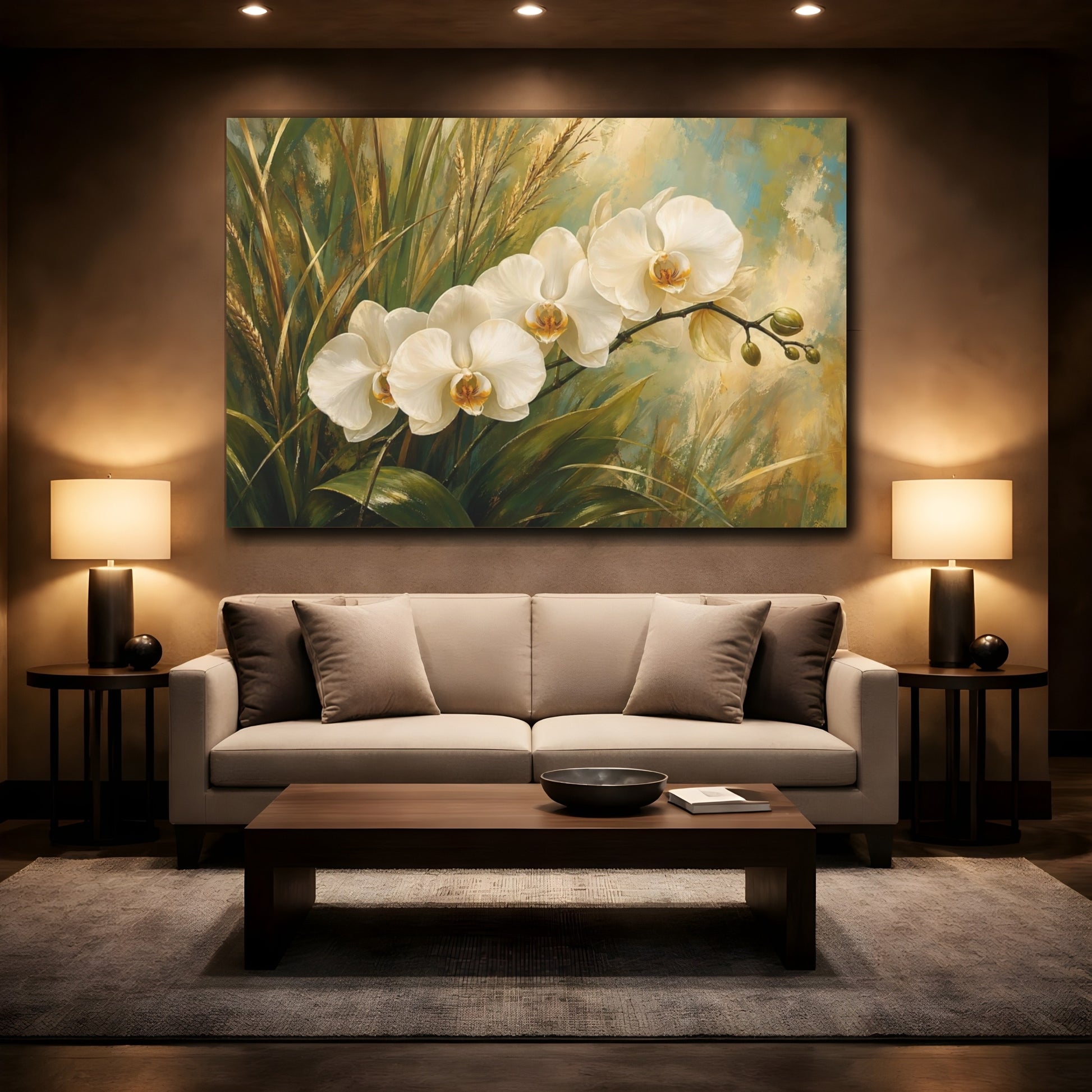 Mockup 2. Floral White Orchids White Orchid Art shown as stretched canvas wall art