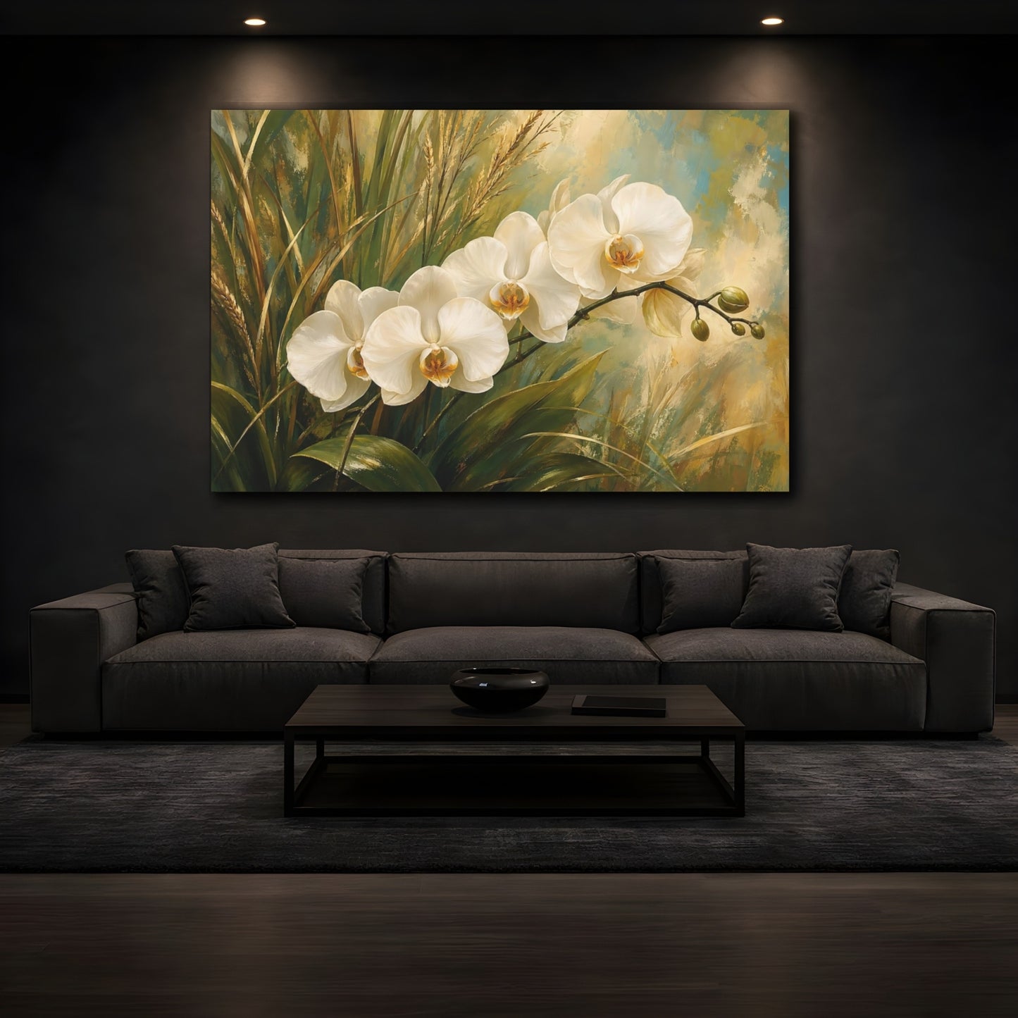 Mockup 3. Floral White Orchids White Orchid Art shown as stretched canvas wall art