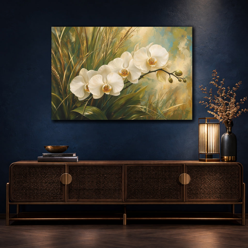 Mockup 4. Floral White Orchids White Orchid Art shown as stretched canvas wall art