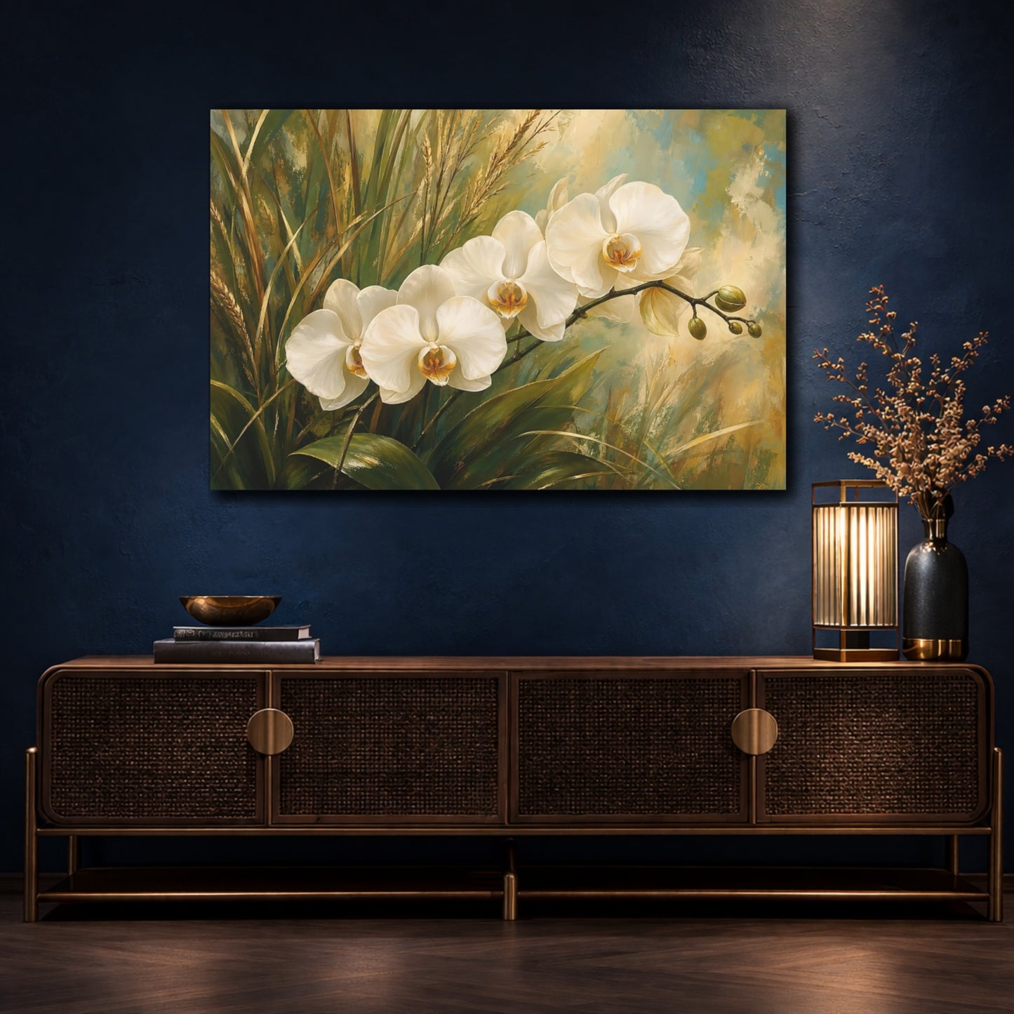 Mockup 4. Floral White Orchids White Orchid Art shown as stretched canvas wall art