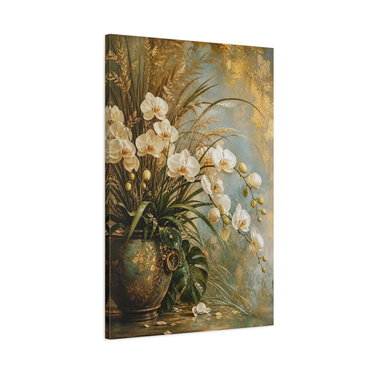 Main Mockup. Floral White Orchids White Orchids Gold shown as stretched canvas wall art
