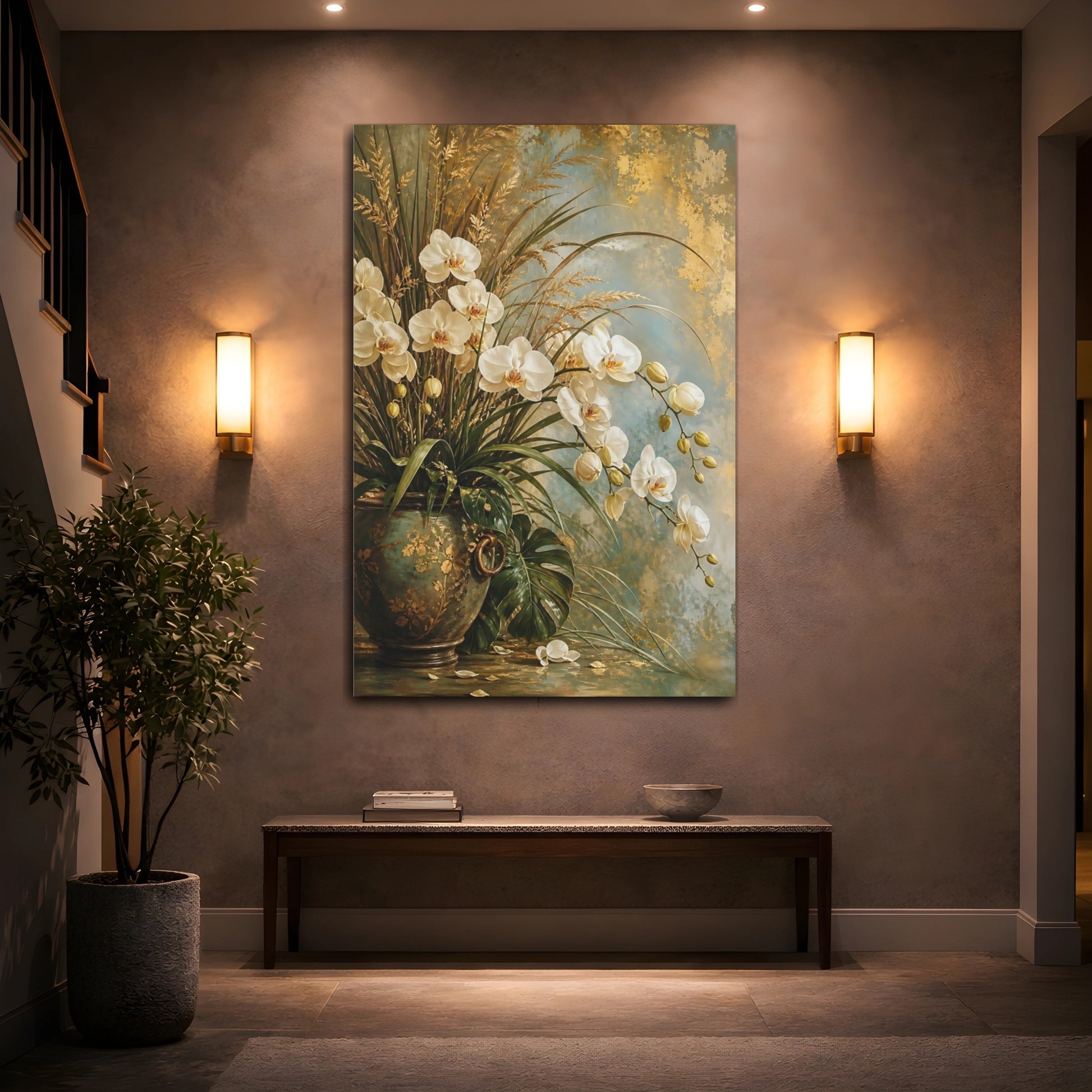 Mockup 2. Floral White Orchids White Orchids Gold shown as stretched canvas wall art