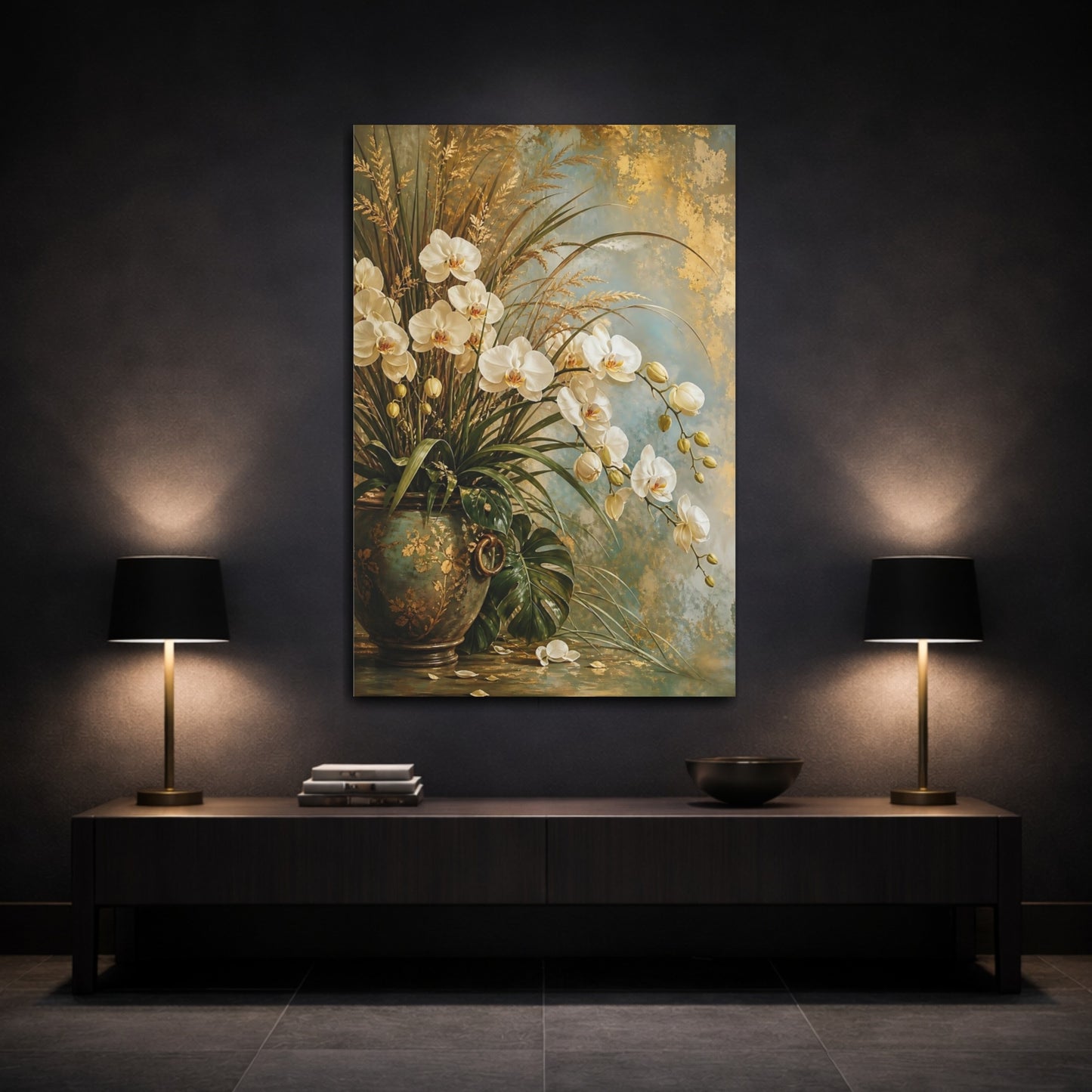 Mockup 3. Floral White Orchids White Orchids Gold shown as stretched canvas wall art
