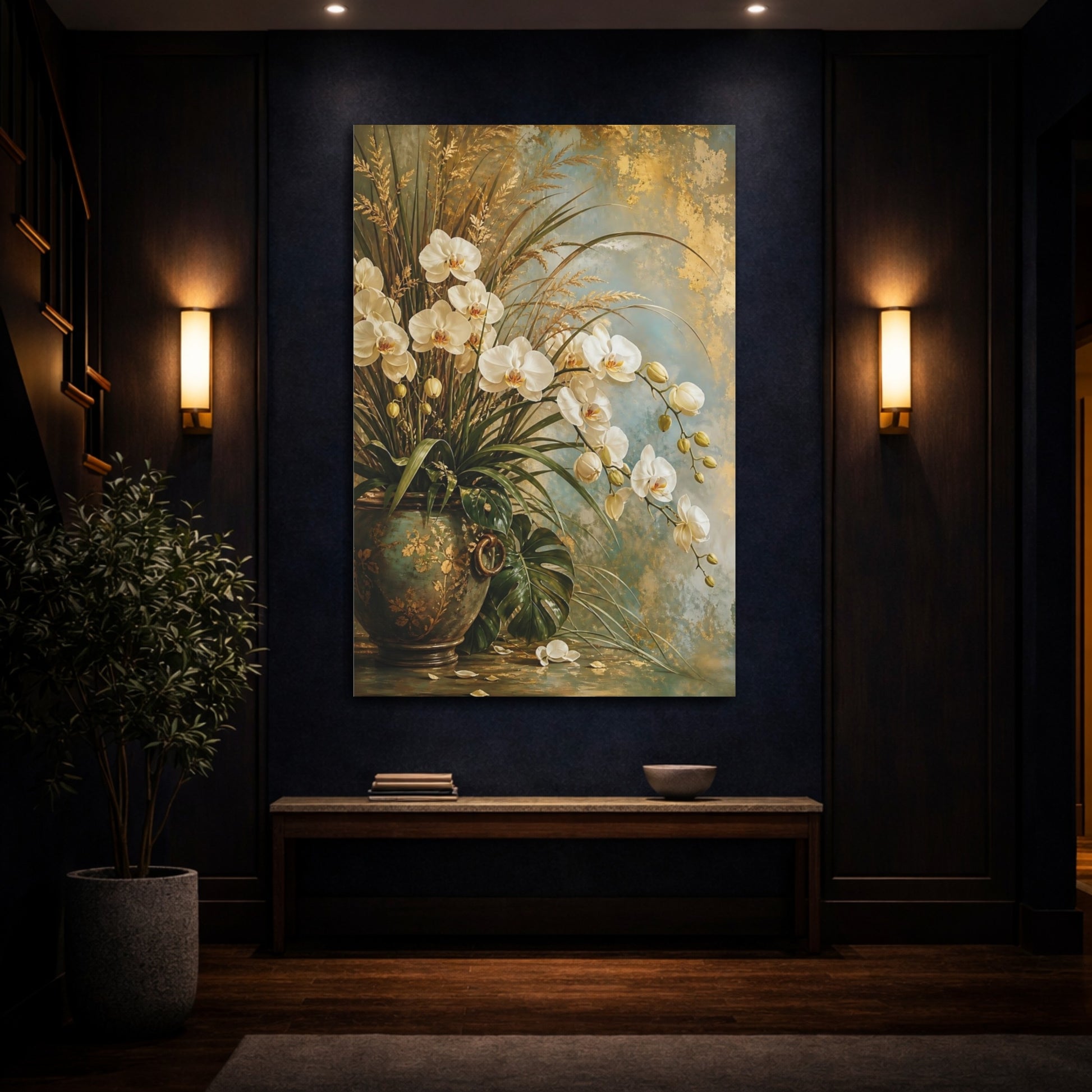 Mockup 4. Floral White Orchids White Orchids Gold shown as stretched canvas wall art
