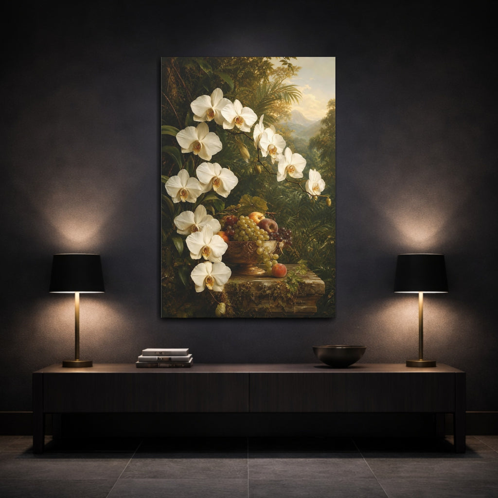 Mockup 3. Floral White Orchids White Orchids shown as stretched canvas wall art