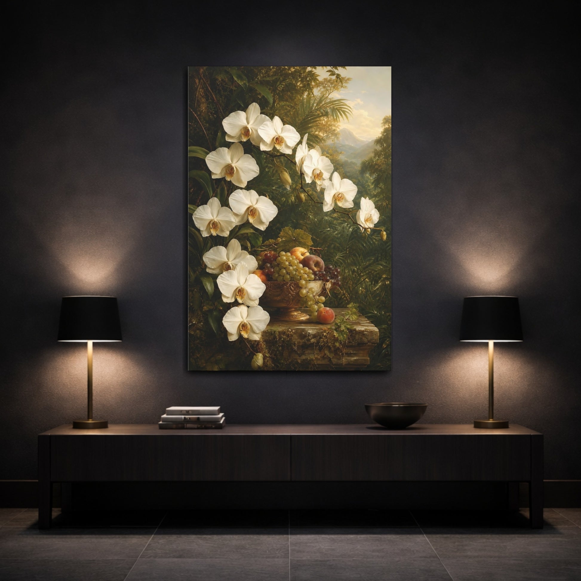 Mockup 3. Floral White Orchids White Orchids shown as stretched canvas wall art