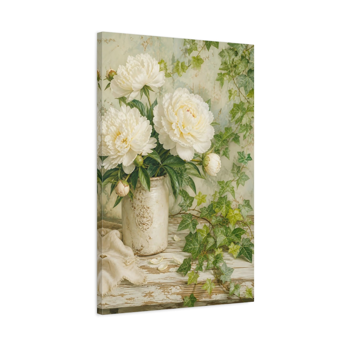 Side Mockup 2. Floral White Peonies White Peonies shown as stretched canvas wall art