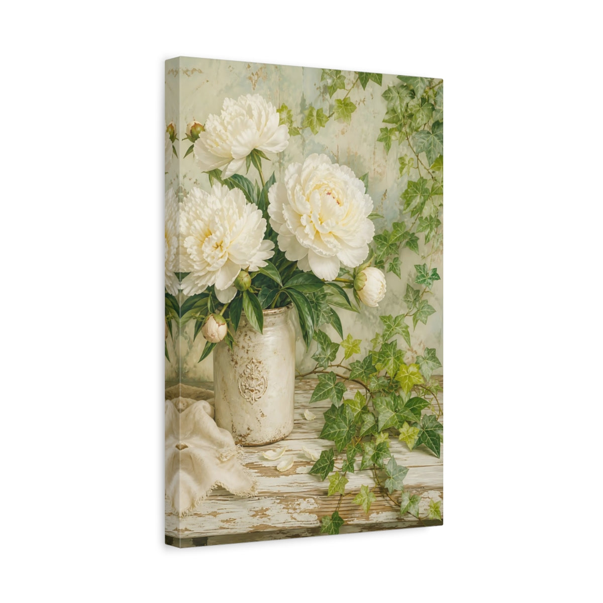 Side Mockup 4. Floral White Peonies White Peonies shown as stretched canvas wall art