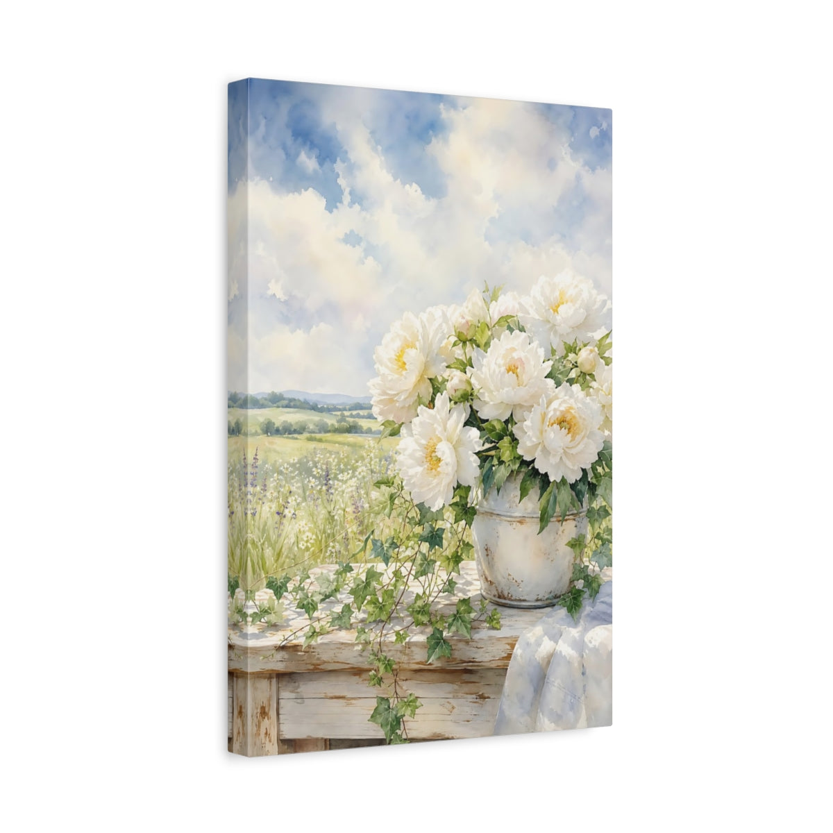 Side Mockup 4. Floral White Peonies White Peonies shown as stretched canvas wall art