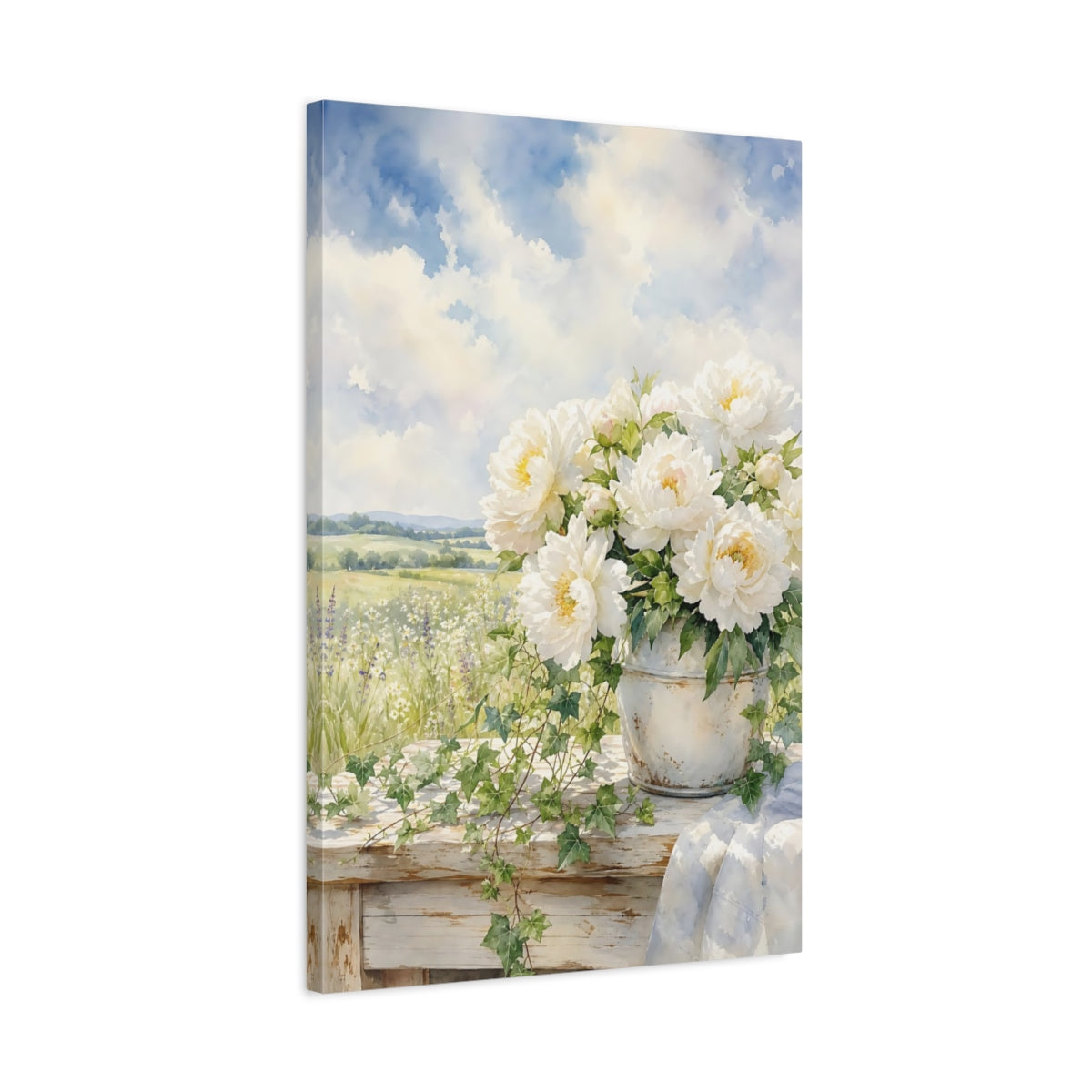 Side Mockup 2. Floral White Peonies White Peonies shown as stretched canvas wall art