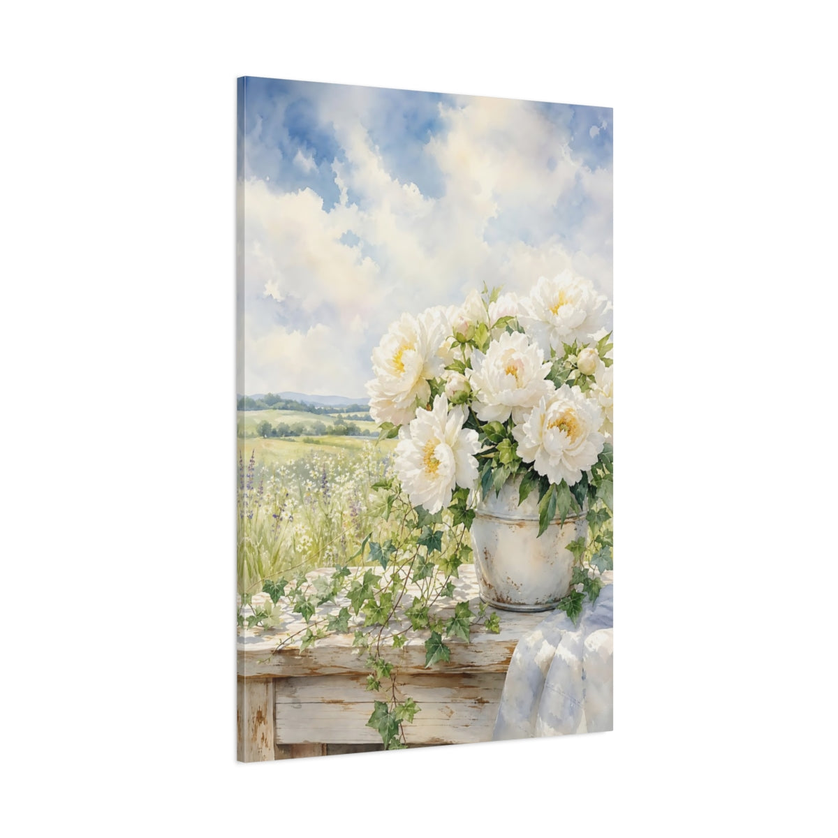 Side Mockup 1. Floral White Peonies White Peonies shown as stretched canvas wall art