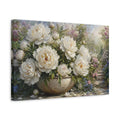 Side Mockup 4. Floral White Peonies White Peonies shown as stretched canvas wall art