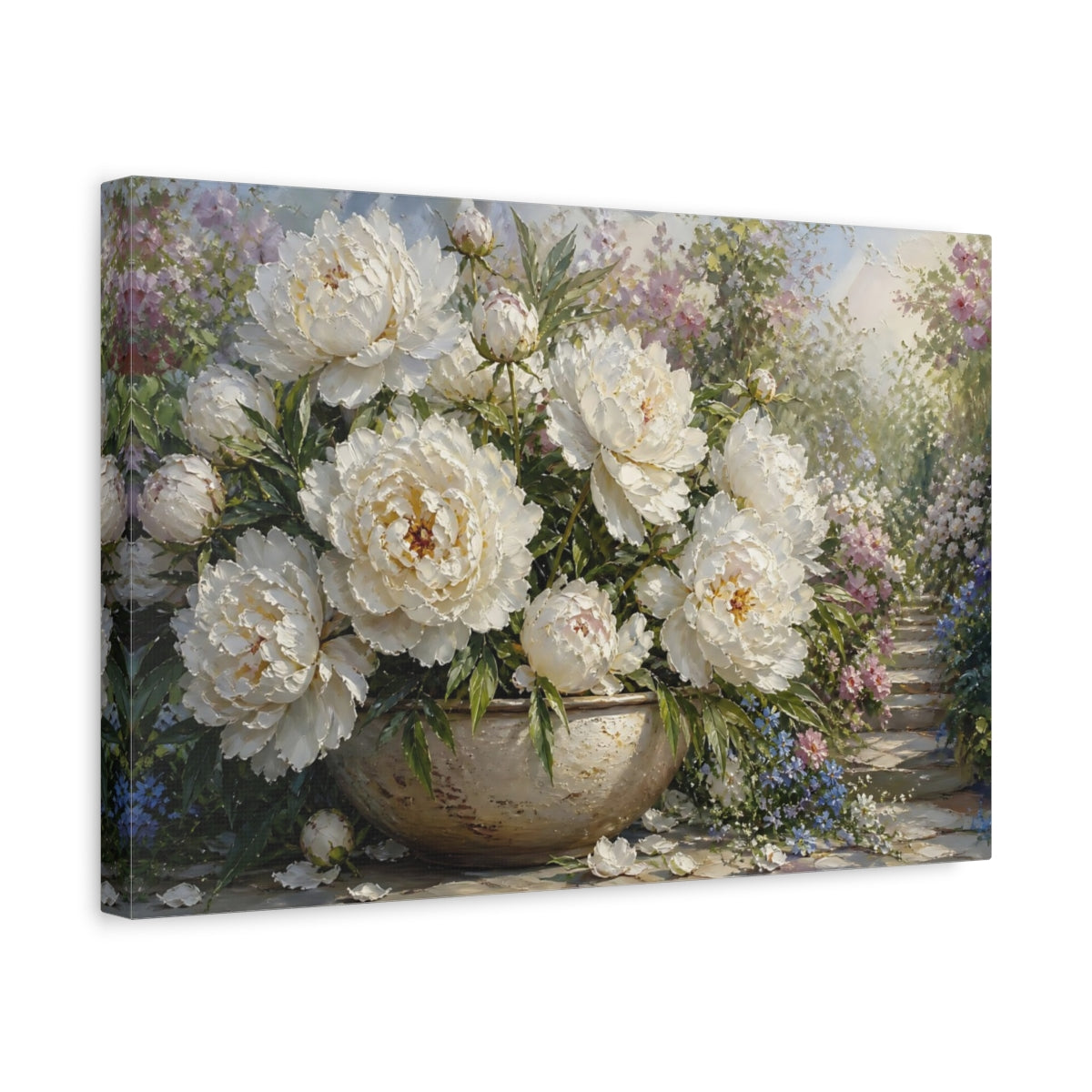 Side Mockup 4. Floral White Peonies White Peonies shown as stretched canvas wall art