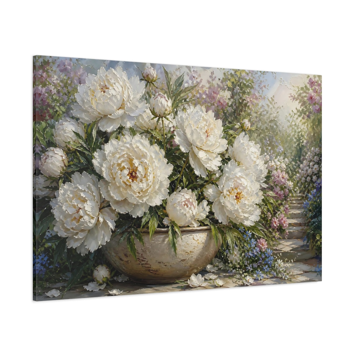 Side Mockup 1. Floral White Peonies White Peonies shown as stretched canvas wall art