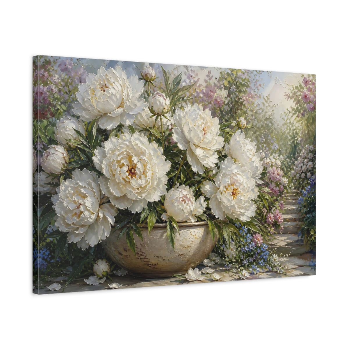 Side Mockup 2. Floral White Peonies White Peonies shown as stretched canvas wall art