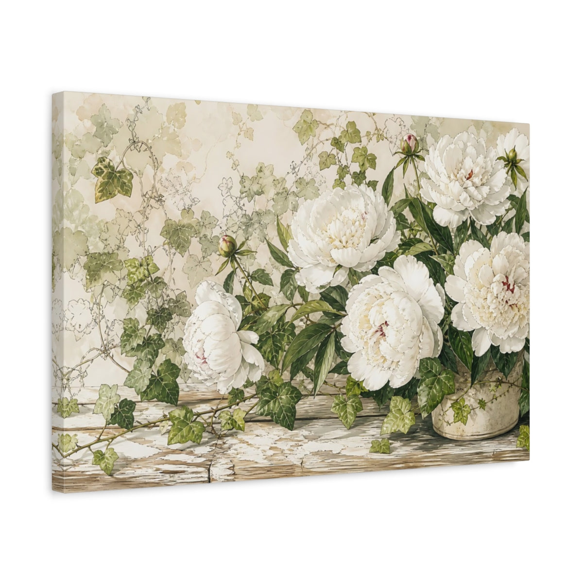 Side Mockup 3. Floral White Peonies White Peony Floral shown as stretched canvas wall art