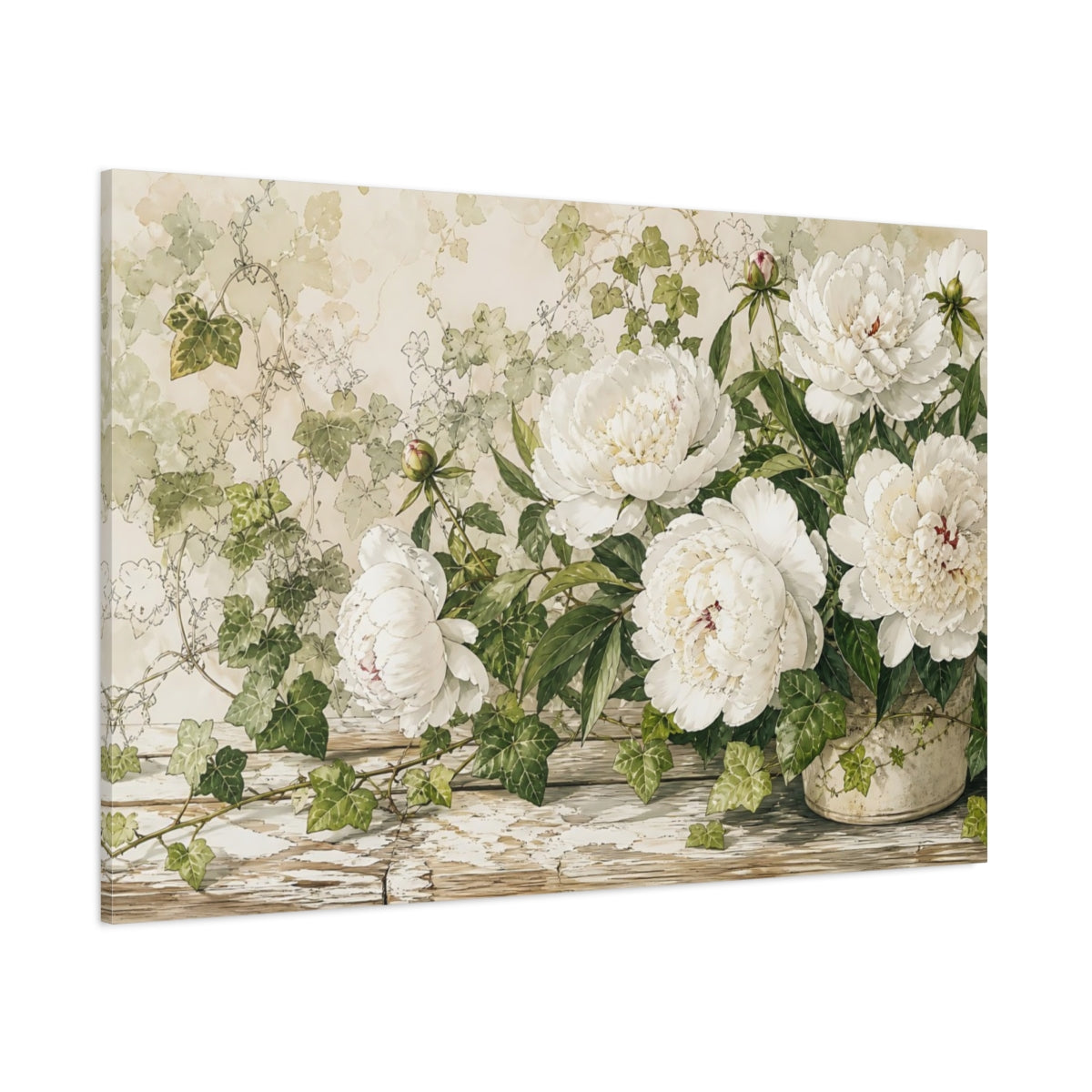 Side Mockup 1. Floral White Peonies White Peony Floral shown as stretched canvas wall art