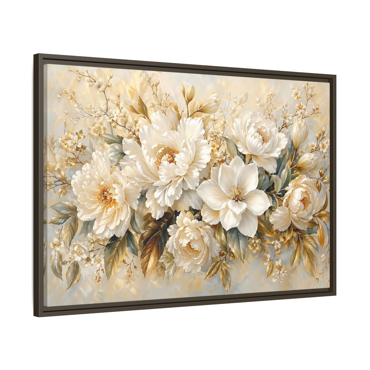 Main Mockup. Floral White Peonies Cream And Gold Floral shown as stretched canvas wall art