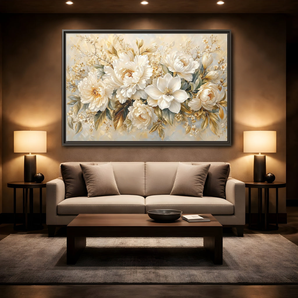 Mockup 2. Floral White Peonies Cream And Gold Floral shown as stretched canvas wall art
