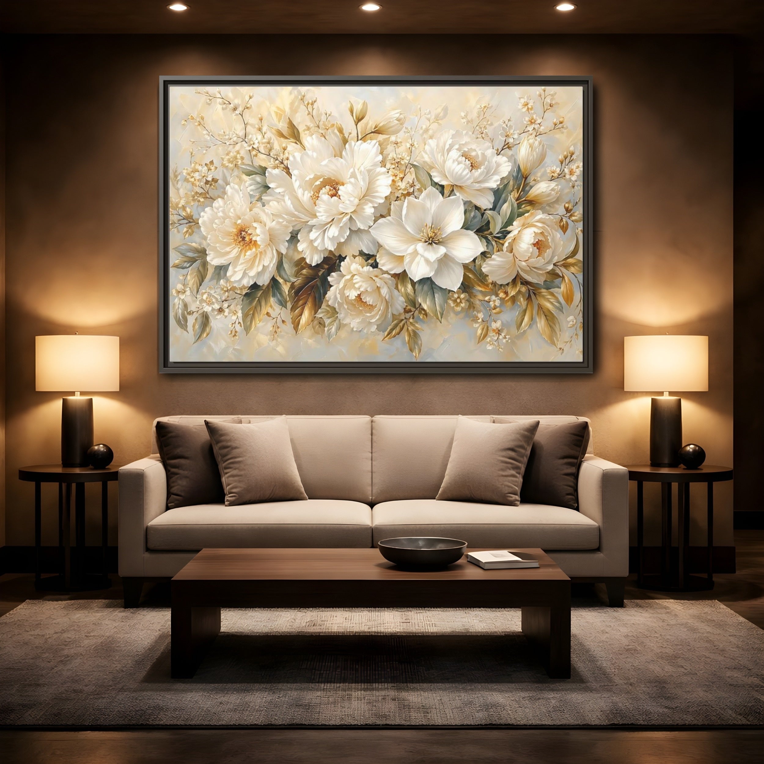 Mockup 2. Floral White Peonies Cream And Gold Floral shown as stretched canvas wall art