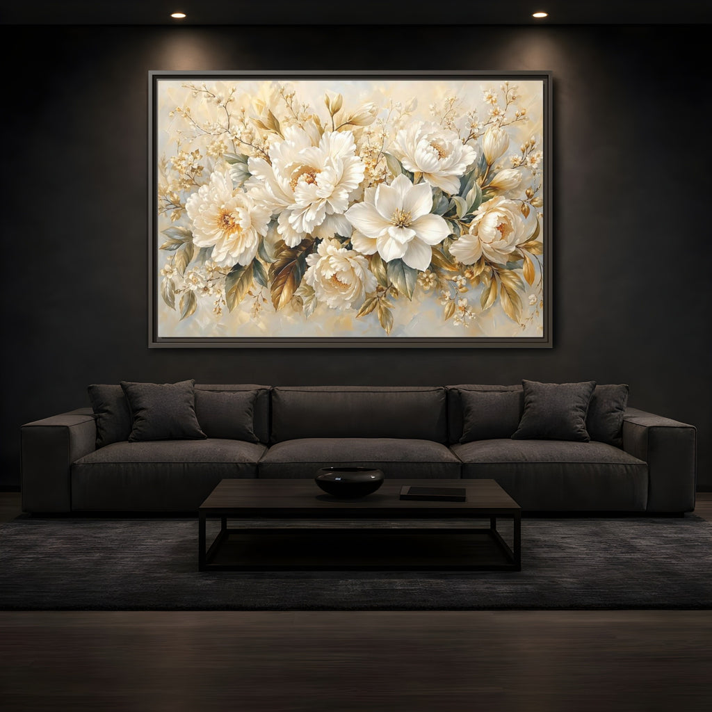Mockup 3. Floral White Peonies Cream And Gold Floral shown as stretched canvas wall art