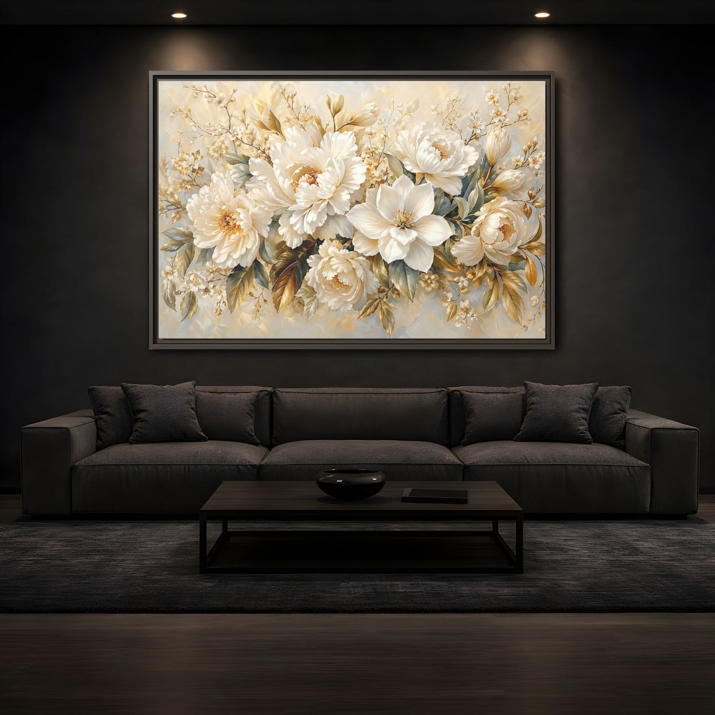 Mockup 3. Floral White Peonies Cream And Gold Floral shown as stretched canvas wall art