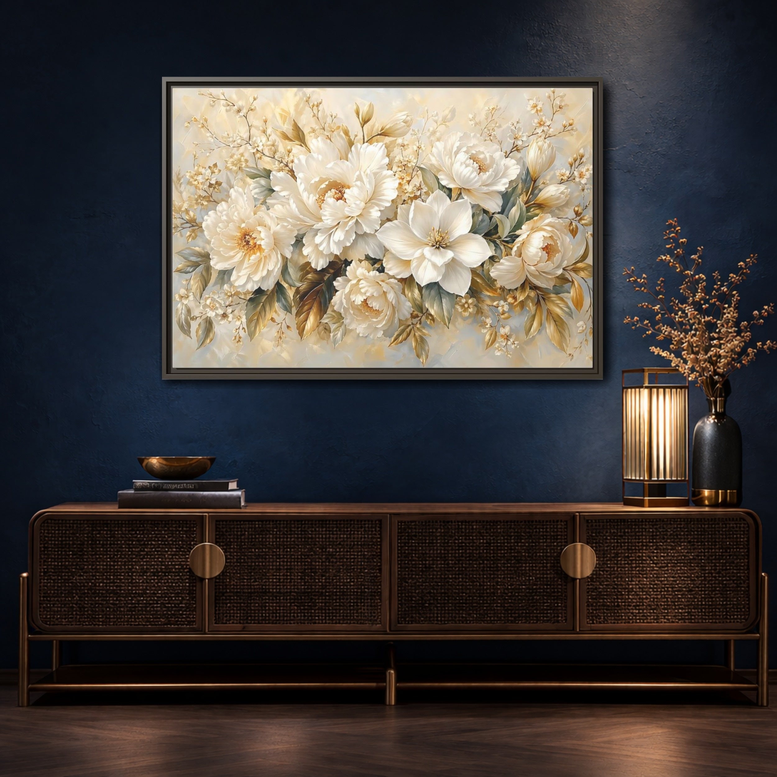 Mockup 4. Floral White Peonies Cream And Gold Floral shown as stretched canvas wall art