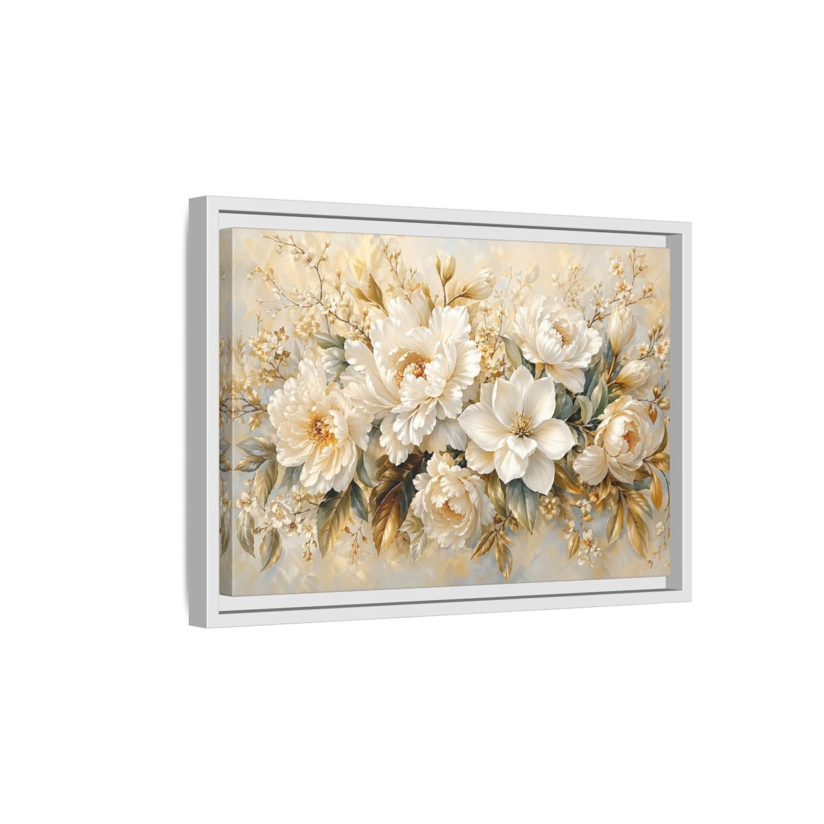 Side Mockup 4. Floral White Peonies Cream And Gold Floral shown as stretched canvas wall art