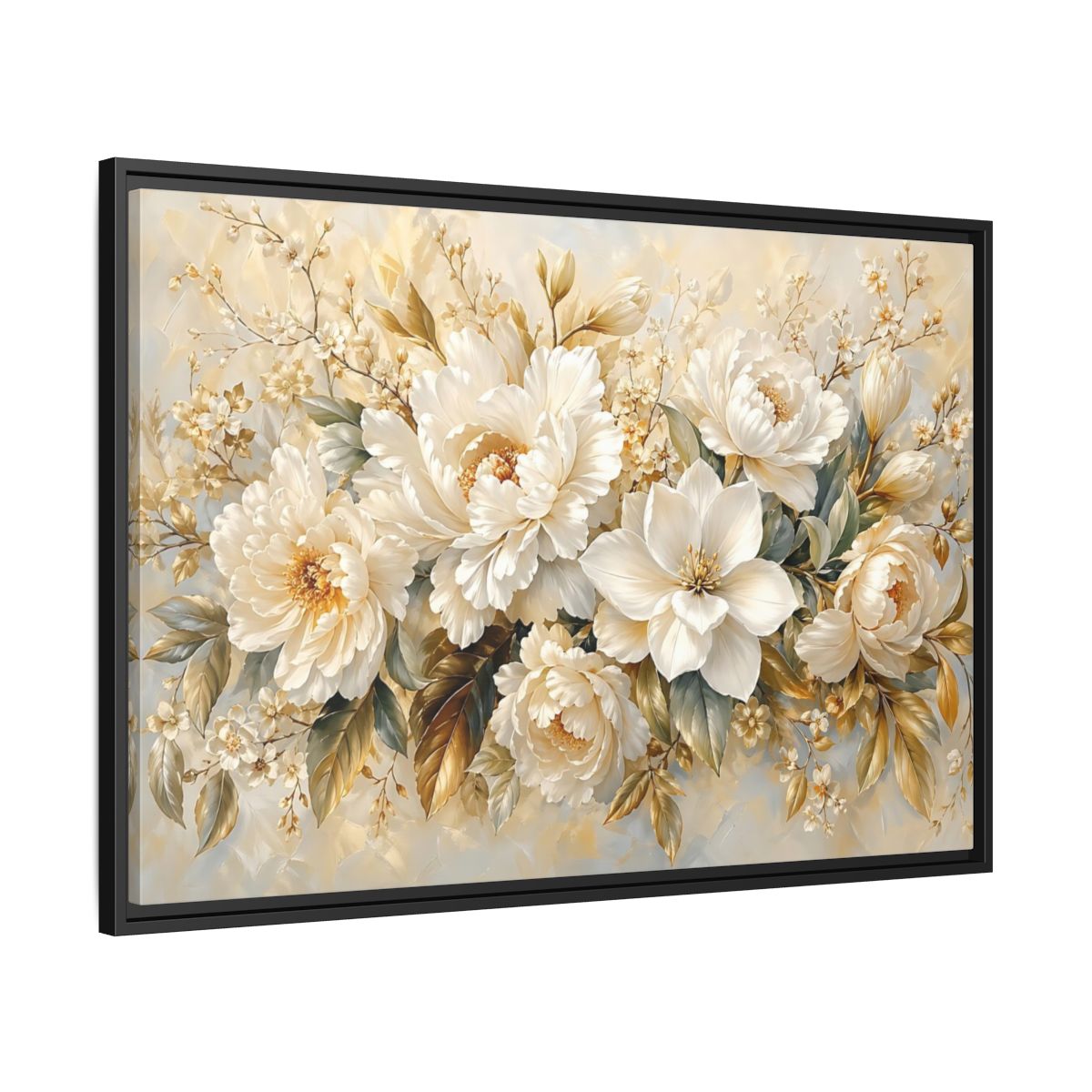 Side Mockup 13. Floral White Peonies Cream And Gold Floral shown as stretched canvas wall art