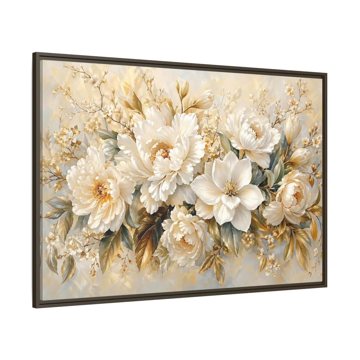 Side Mockup 8. Floral White Peonies Cream And Gold Floral shown as stretched canvas wall art