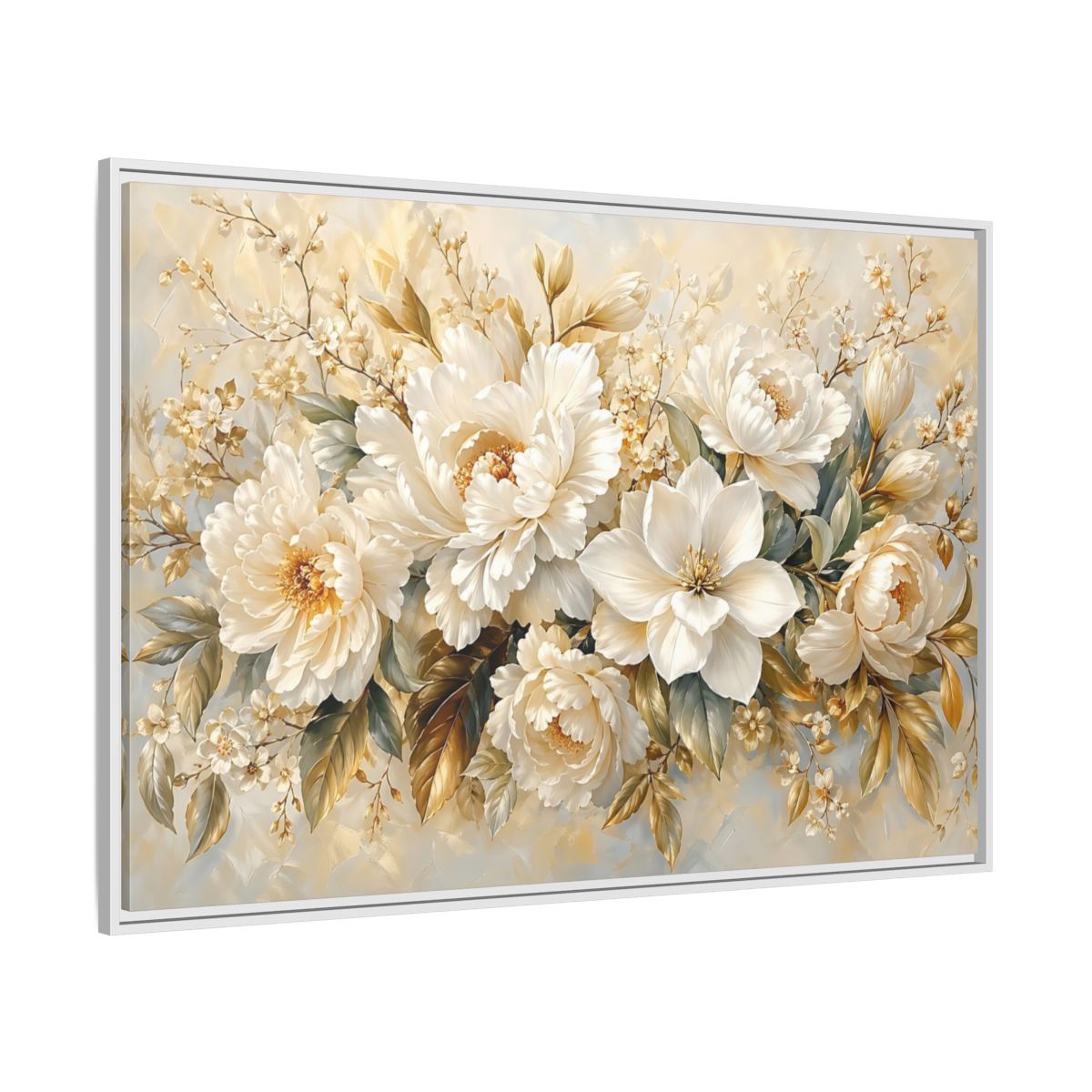 Side Mockup 7. Floral White Peonies Cream And Gold Floral shown as stretched canvas wall art