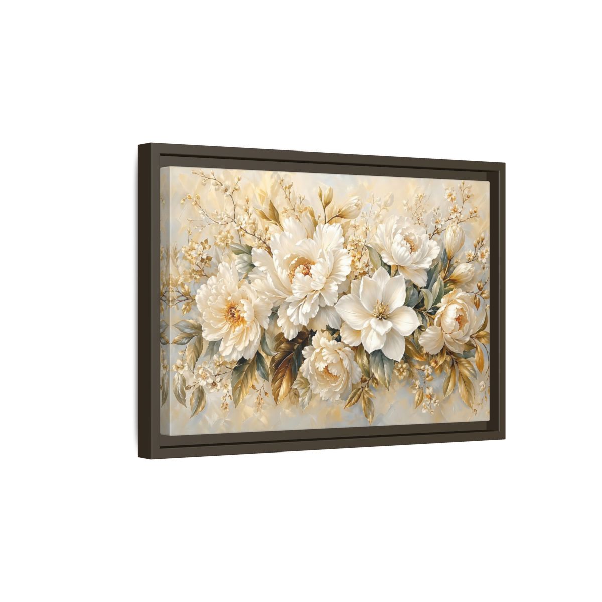 Side Mockup 5. Floral White Peonies Cream And Gold Floral shown as stretched canvas wall art