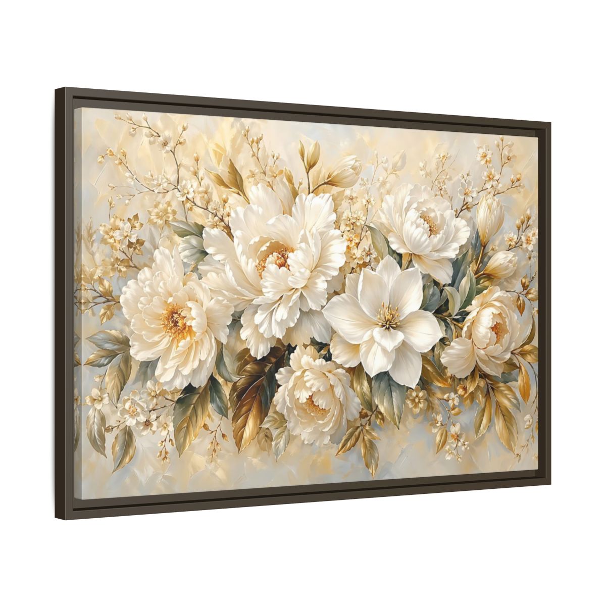 Side Mockup 11. Floral White Peonies Cream And Gold Floral shown as stretched canvas wall art