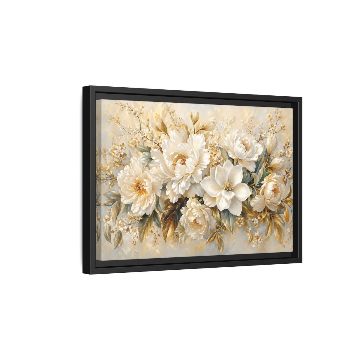 Side Mockup 6. Floral White Peonies Cream And Gold Floral shown as stretched canvas wall art