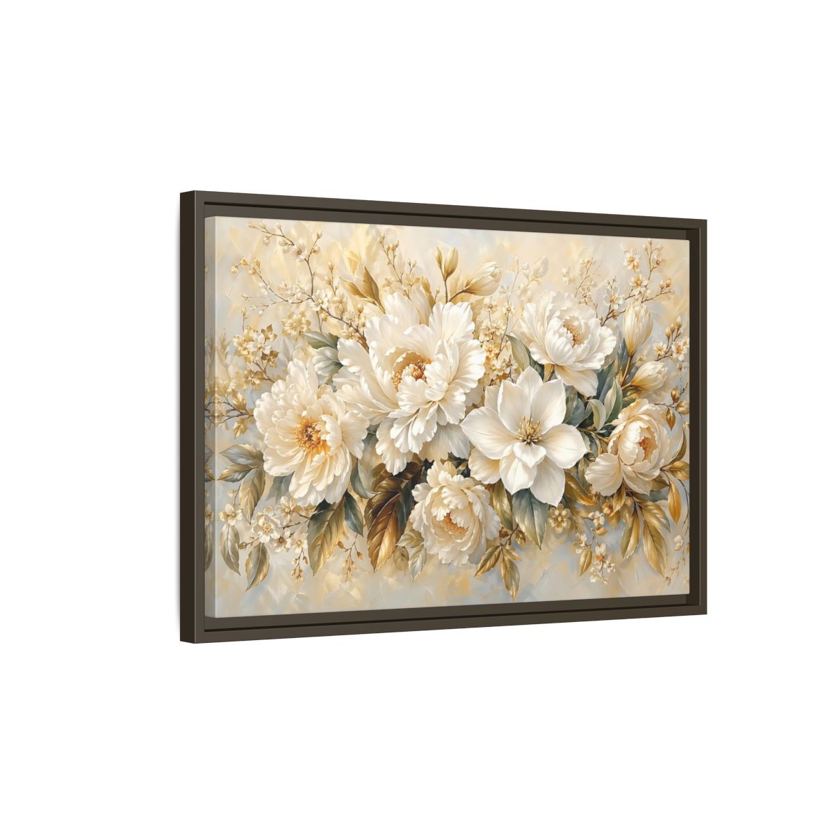Side Mockup 2. Floral White Peonies Cream And Gold Floral shown as stretched canvas wall art