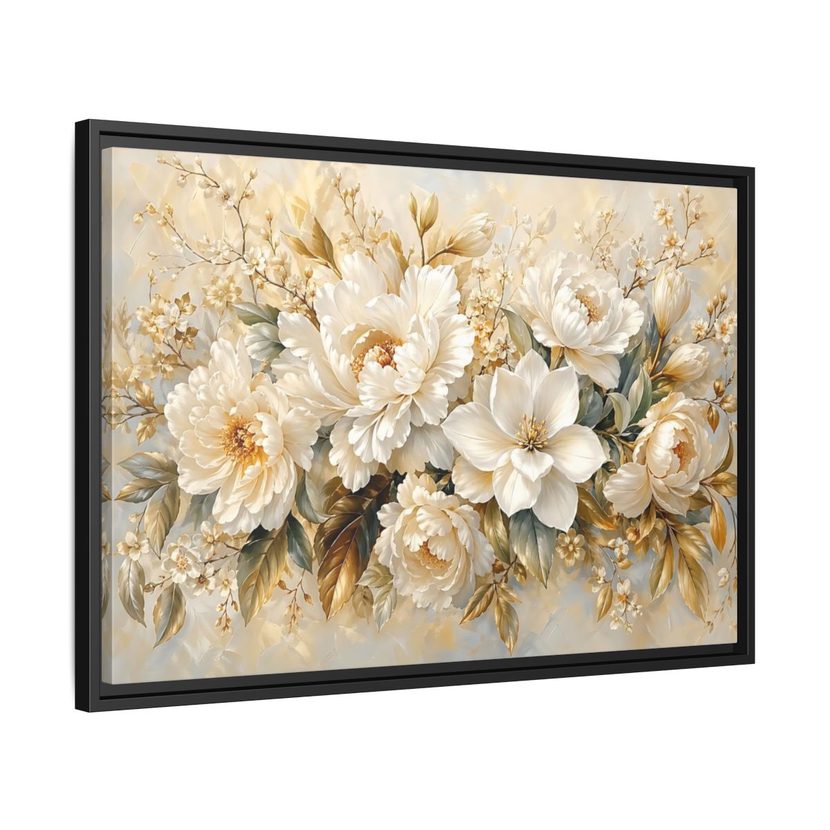 Side Mockup 14. Floral White Peonies Cream And Gold Floral shown as stretched canvas wall art