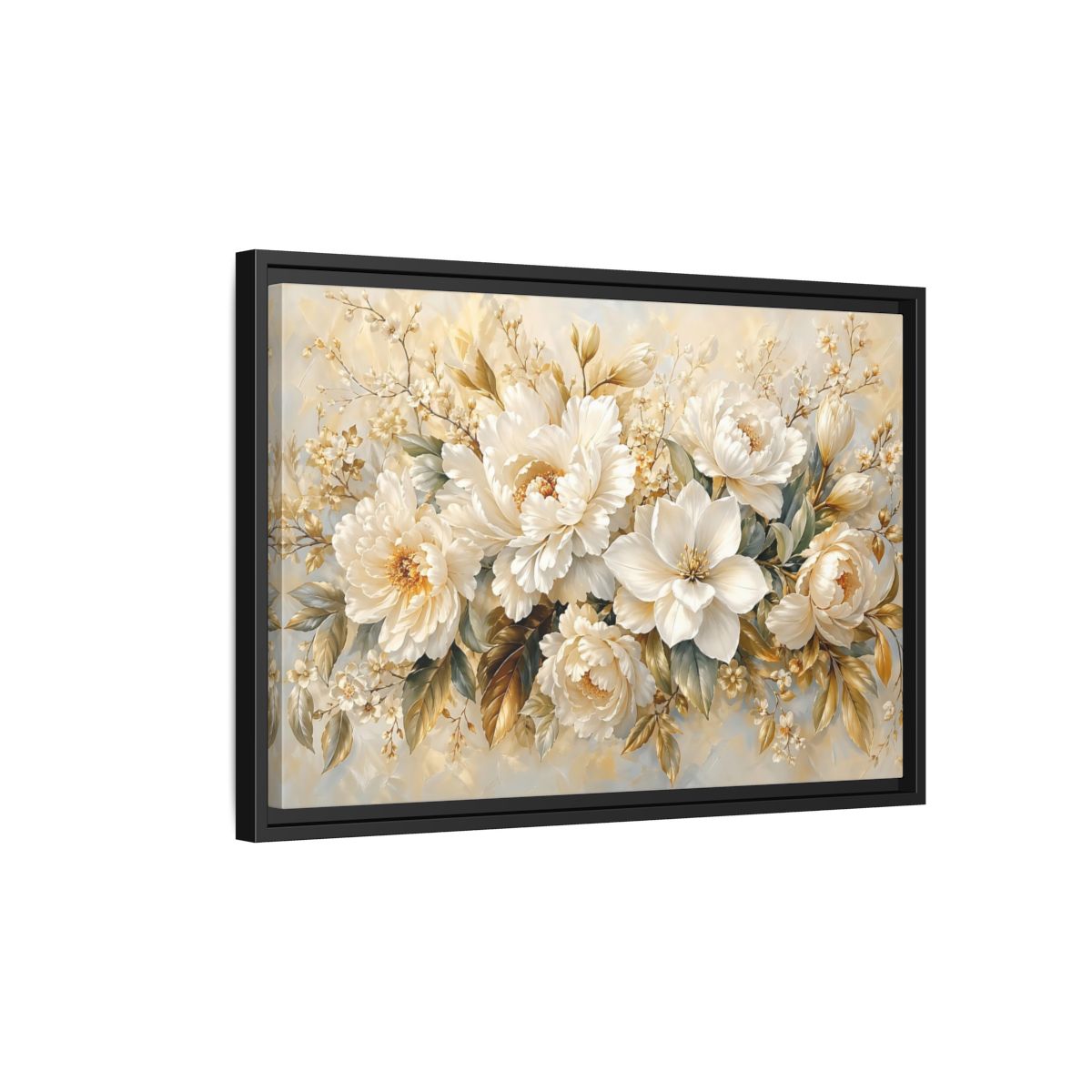Side Mockup 3. Floral White Peonies Cream And Gold Floral shown as stretched canvas wall art