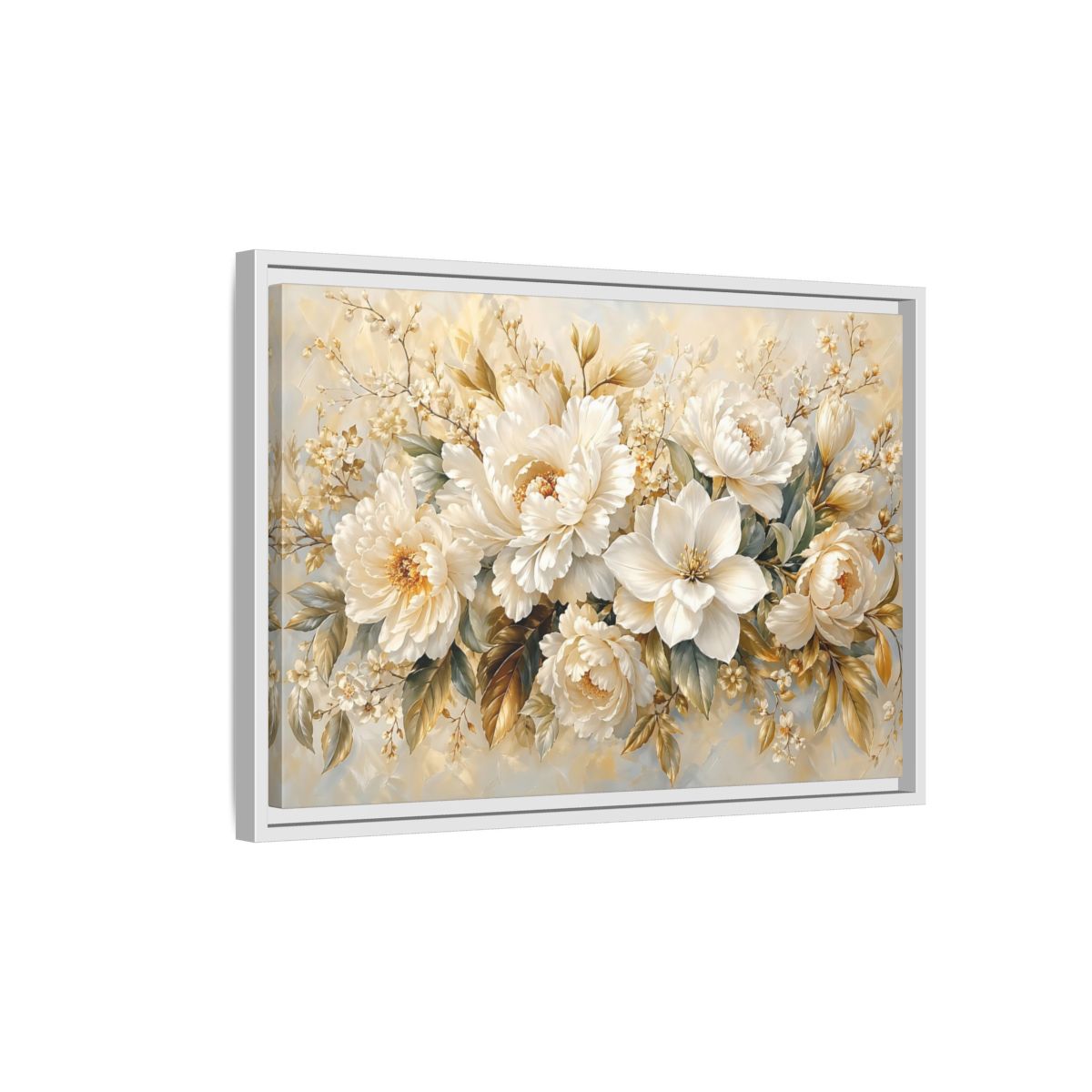 Side Mockup 1. Floral White Peonies Cream And Gold Floral shown as stretched canvas wall art