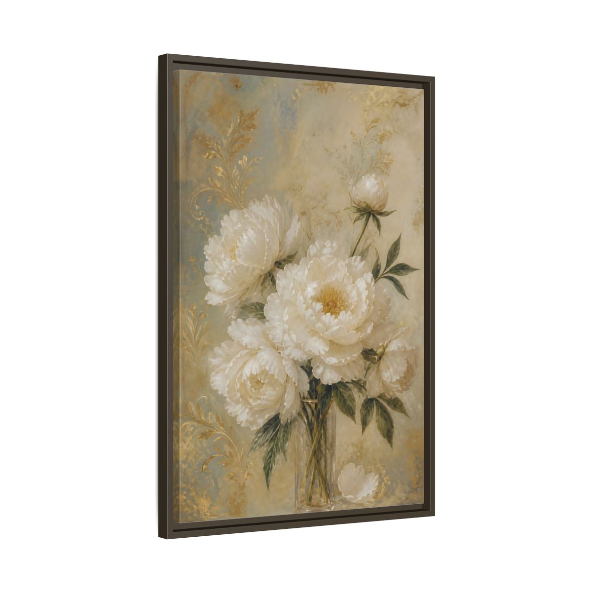 Side Mockup 11. Floral White Peonies White Gold Peonies shown as stretched canvas wall art