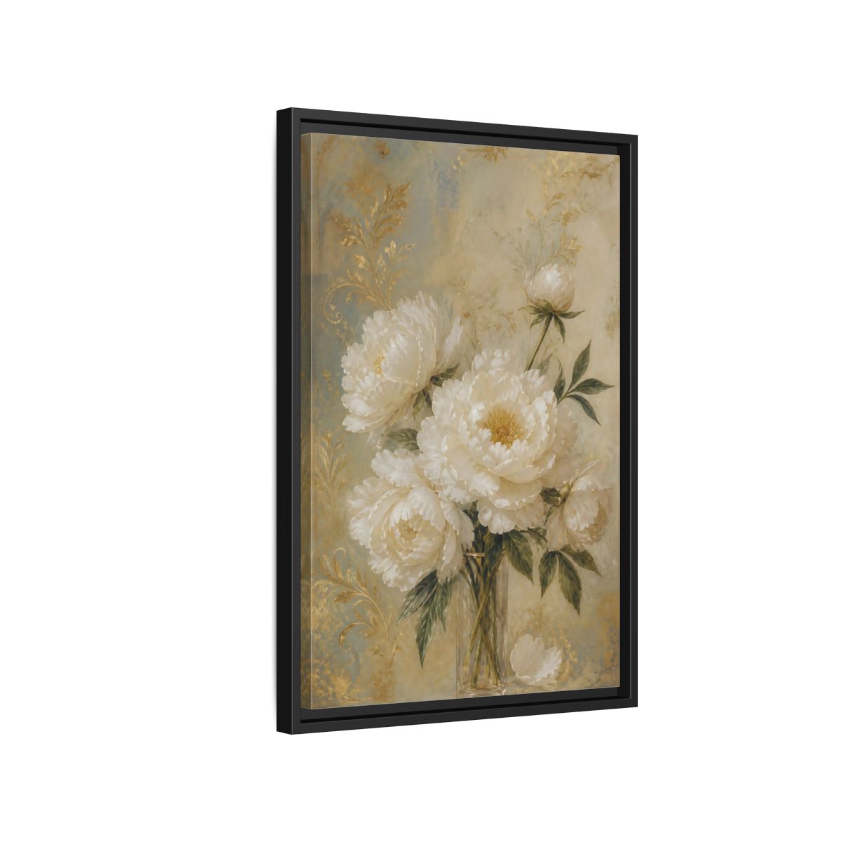 Side Mockup 3. Floral White Peonies White Gold Peonies shown as stretched canvas wall art