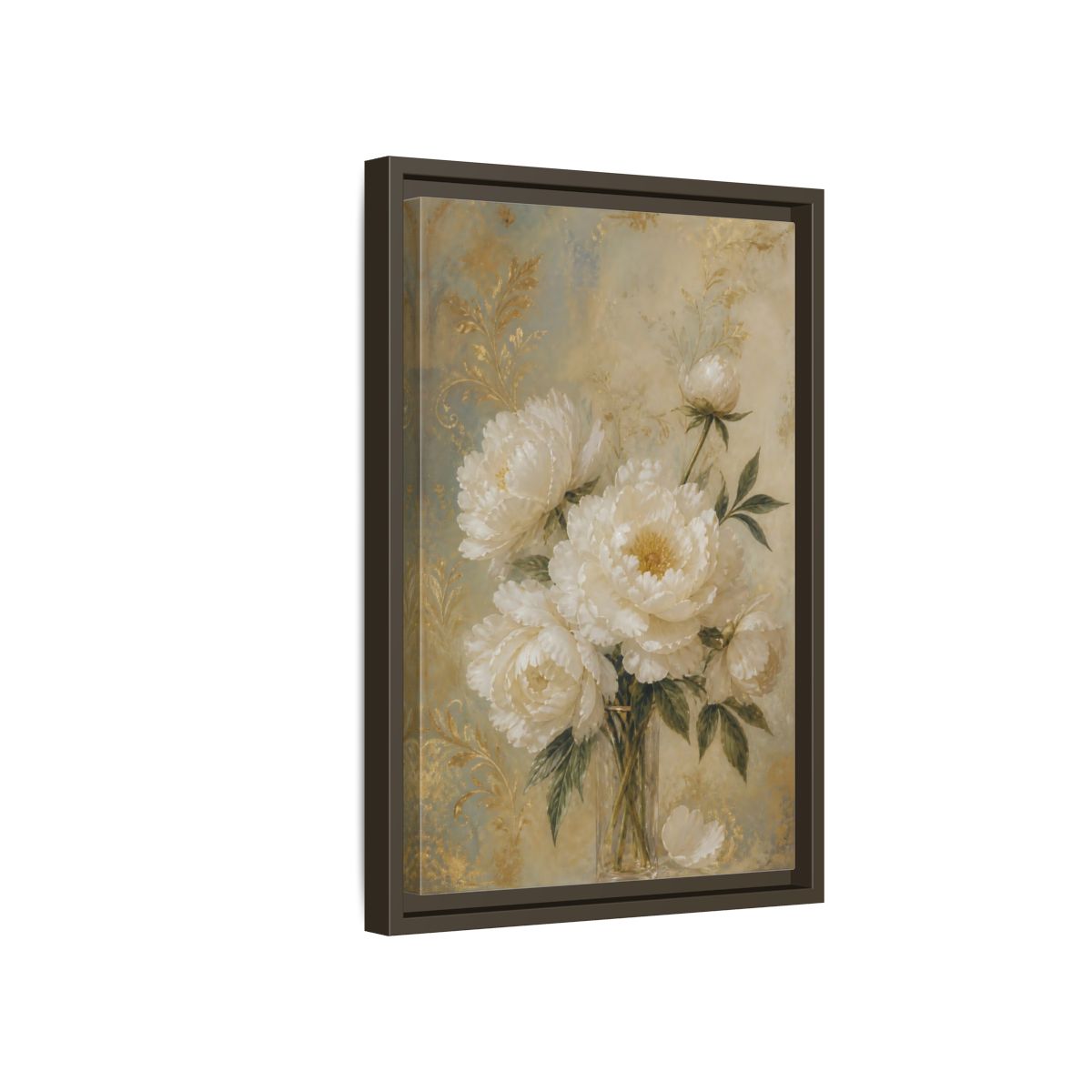Side Mockup 5. Floral White Peonies White Gold Peonies shown as stretched canvas wall art