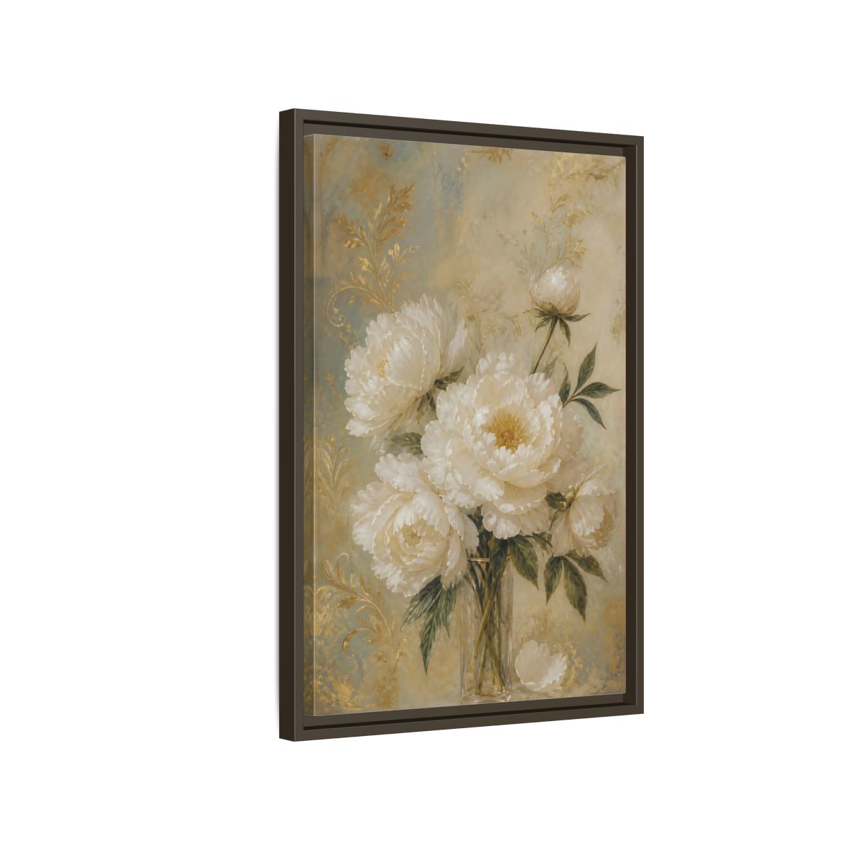 Side Mockup 2. Floral White Peonies White Gold Peonies shown as stretched canvas wall art