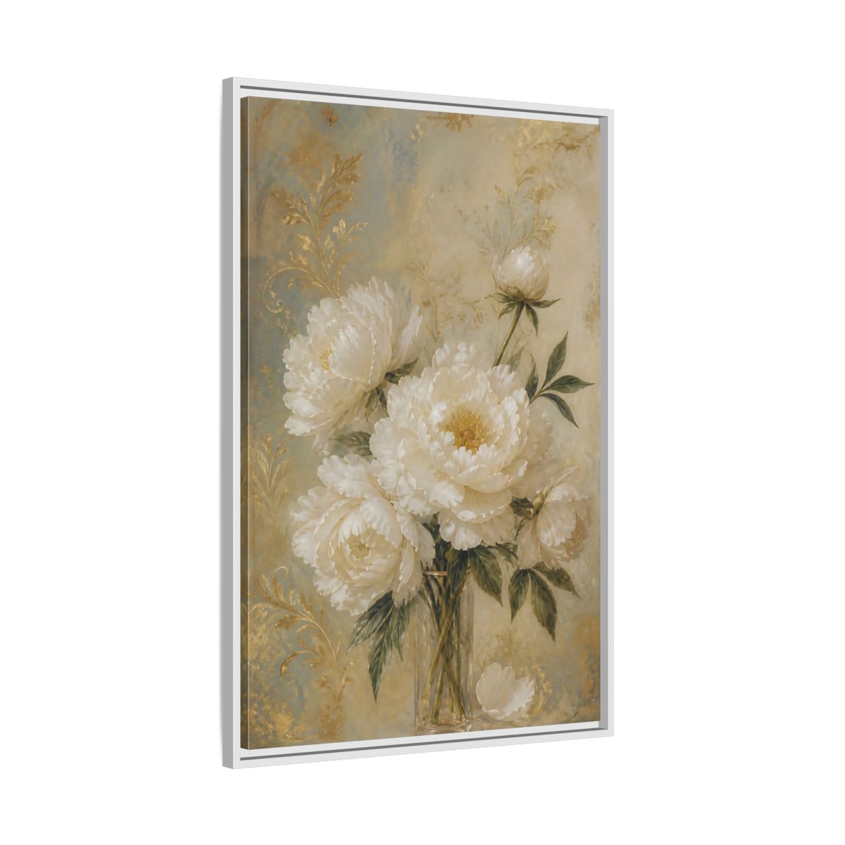 Side Mockup 9. Floral White Peonies White Gold Peonies shown as stretched canvas wall art