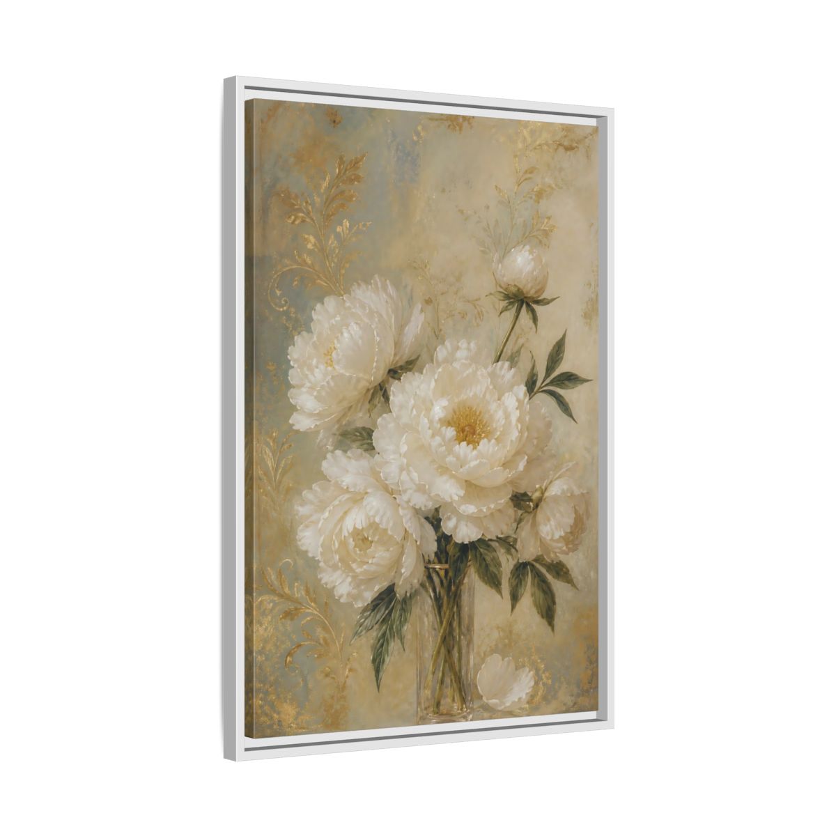 Side Mockup 10. Floral White Peonies White Gold Peonies shown as stretched canvas wall art