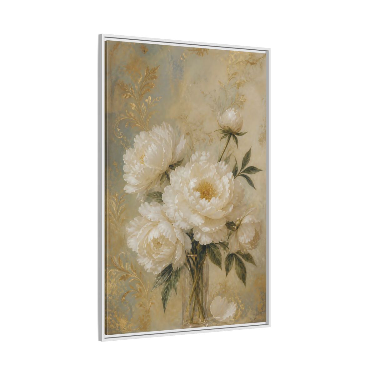 Side Mockup 7. Floral White Peonies White Gold Peonies shown as stretched canvas wall art