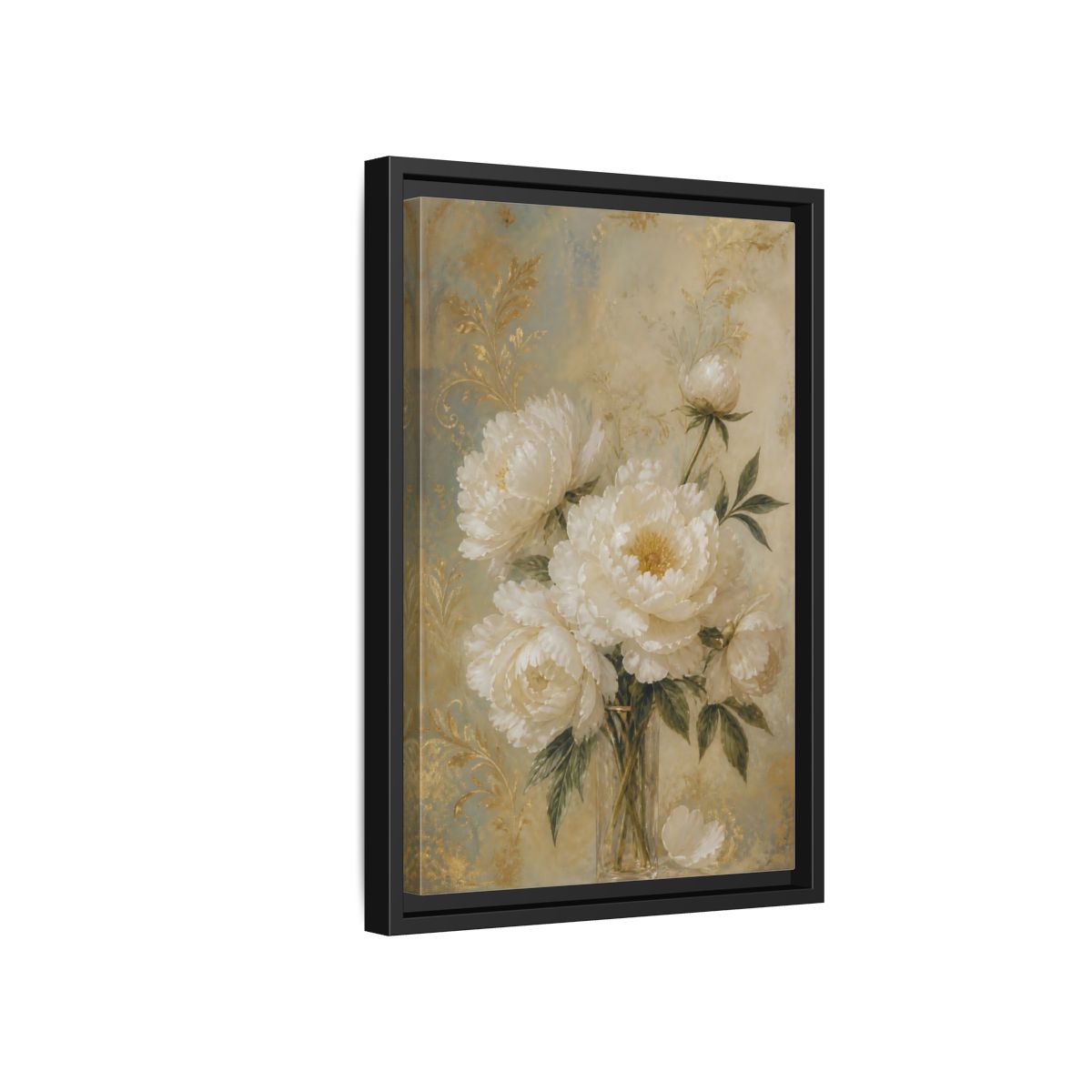 Side Mockup 6. Floral White Peonies White Gold Peonies shown as stretched canvas wall art