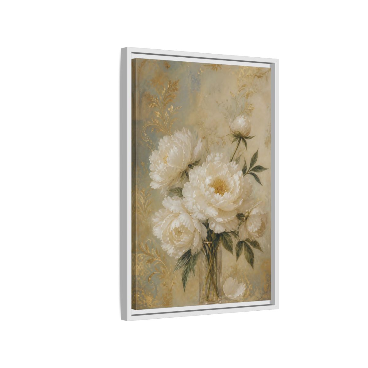 Side Mockup 1. Floral White Peonies White Gold Peonies shown as stretched canvas wall art